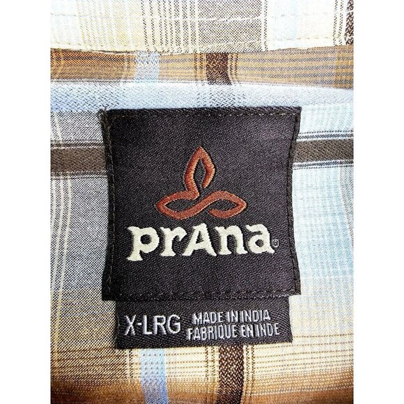 Prana Sz XL Mens Brown Gray Camel Blue Check Short Sleeve Neck Pocket Logo Shirt - Picture 4 of 13